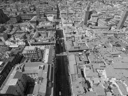 Aerial view of Via dell Indipendenza street in the city of Bologna, Italy in black and whiteの写真素材