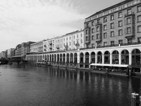 HAMBURG, GERMANY - CIRCA MAY 2017: Kleine Alster (meaning Little Alster) artificial lake in black and whiteのeditorial素材