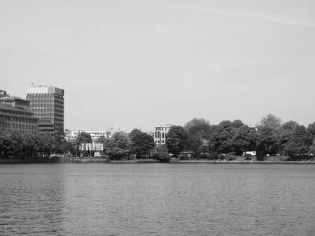HAMBURG, GERMANY - CIRCA MAY 2017: Binnenalster (meaning Inner Alster lake) in black and whiteのeditorial素材