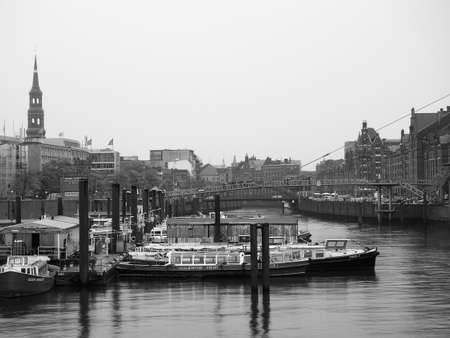 HAMBURG, GERMANY - CIRCA MAY 2017: HafenCity quarter in the district of Hamburg Mitte on the Elbe river island Grasbrook on former Hamburger Hafen (Port of Hamburg) in black and whiteのeditorial素材
