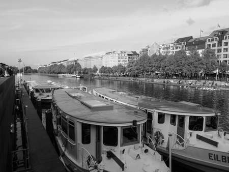 HAMBURG, GERMANY - CIRCA MAY 2017: Binnenalster (meaning Inner Alster lake) in black and whiteのeditorial素材
