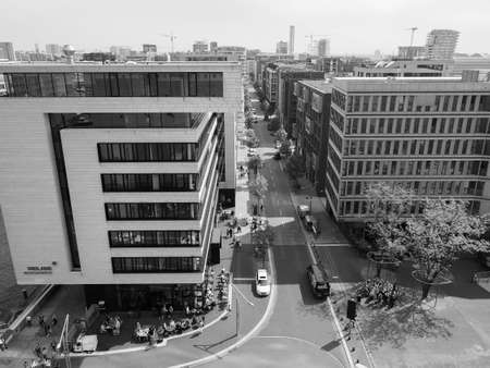 HAMBURG, GERMANY - CIRCA MAY 2017: Aerial view of the city skyline seen from Hafencity in black and whiteのeditorial素材