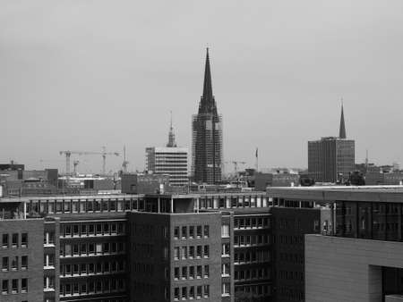 Aerial view of the city skyline seen from Hafencity in Hamburg, Germany in black and whiteの写真素材