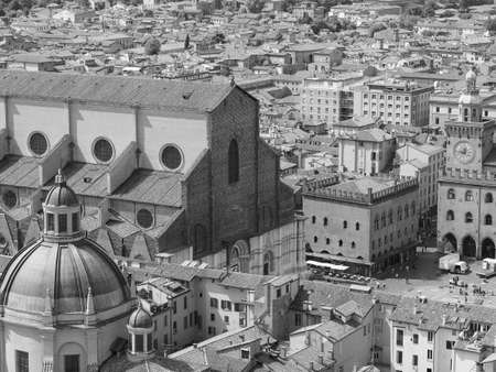Aerial view of Piazza Maggiore square and San Petronio church in the city of Bologna, Italy in black...