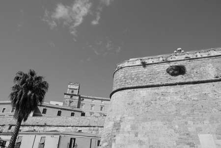 Castello quarter aka Casteddu e susu (meaning Upper Castle in Sard) old medieval town city centre in Cagliari, Italy in black and whiteの写真素材
