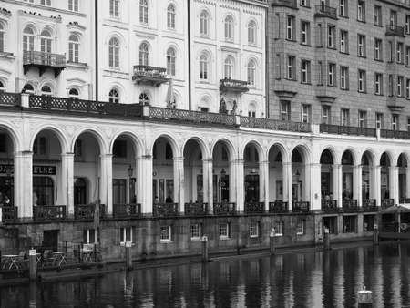 HAMBURG, GERMANY - CIRCA MAY 2017: Kleine Alster (meaning Little Alster) artificial lake in black and whiteのeditorial素材