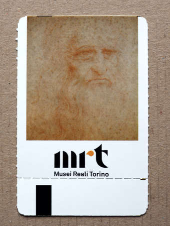 TURIN, ITALY - CIRCA MAY 2018: Ticket of Musei Reali Torino (Turin Royal Museums)with Leonardo da...
