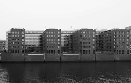 HAMBURG, GERMANY - CIRCA MAY 2017: HafenCity quarter in the district of Hamburg Mitte on the Elbe river island Grasbrook on former Hamburger Hafen (Port of Hamburg) in black and whiteのeditorial素材