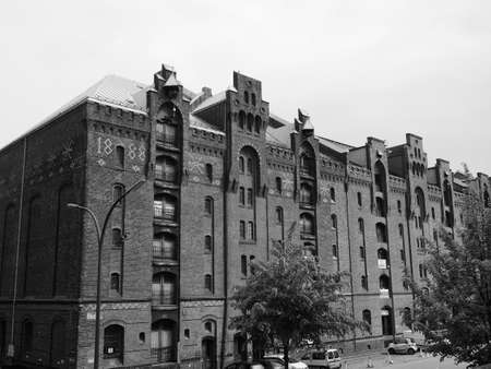 HAMBURG, GERMANY - CIRCA MAY 2017: HafenCity quarter in the district of Hamburg Mitte on the Elbe river island Grasbrook on former Hamburger Hafen (Port of Hamburg) in black and whiteのeditorial素材
