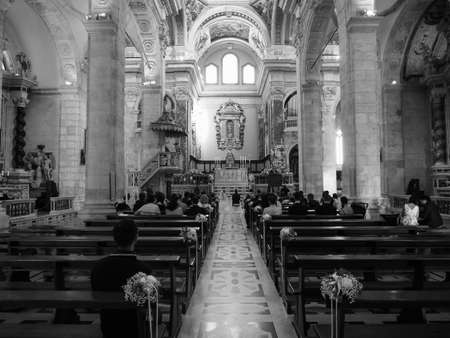 CAGLIARI, ITALY - CIRCA SEPTEMBER 2017: Interior of Santa Maria (meaning Saint Mary) cathedral church in Castello quarter in black and whiteのeditorial素材
