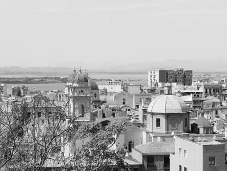 Aerial view of the city of Cagliari, Italy looking towards the marina in black and whiteの写真素材