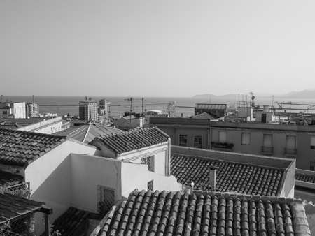 Aerial view of the city of Cagliari, Italy in black and whiteの写真素材
