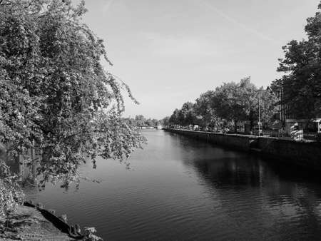 LUEBECK, GERMANY - CIRCA MAY 2017: The Holstenhafen canal in black and whiteのeditorial素材