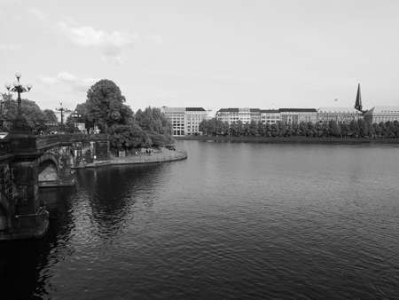 HAMBURG, GERMANY - CIRCA MAY 2017: Binnenalster (meaning Inner Alster lake) in black and whiteのeditorial素材