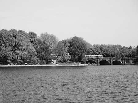 HAMBURG, GERMANY - CIRCA MAY 2017: Binnenalster (meaning Inner Alster lake) in black and white