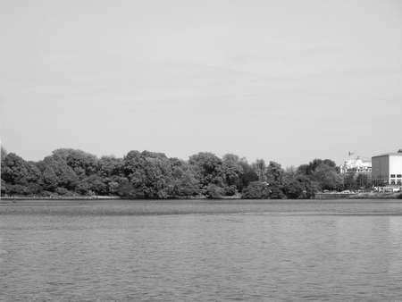HAMBURG, GERMANY - CIRCA MAY 2017: Binnenalster (meaning Inner Alster lake) in black and whiteのeditorial素材