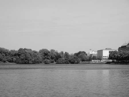 HAMBURG, GERMANY - CIRCA MAY 2017: Binnenalster (meaning Inner Alster lake) in black and whiteのeditorial素材