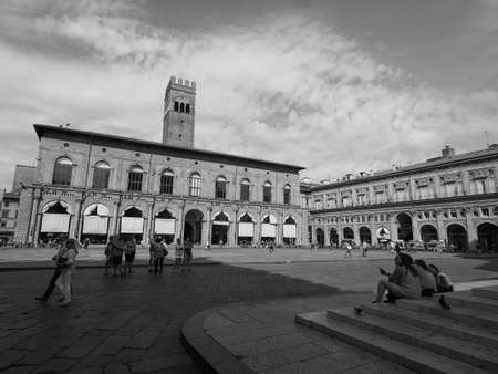 BOLOGNA, ITALY - CIRCA SEPTEMBER 2017: Piazza Maggiore (aka Piazza grande) square in black and whiteのeditorial素材