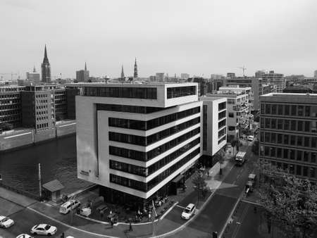 HAMBURG, GERMANY - CIRCA MAY 2017: Aerial view of the city skyline seen from Hafencity in black and whiteのeditorial素材
