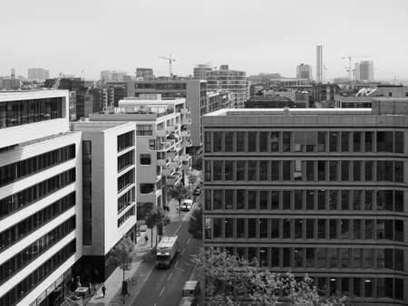 HAMBURG, GERMANY - CIRCA MAY 2017: Aerial view of the city skyline seen from Hafencity in black and whiteのeditorial素材