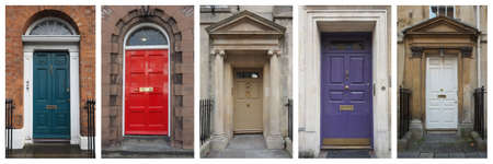 collage of five traditional entrance doors of a British house