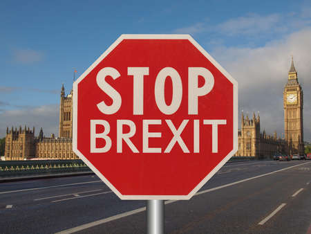 stop brexit sign in Westminster Bridge in front of the Houses of Parliament in Londonの写真素材