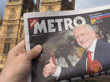 LONDON, UK - CIRCA JUNE 2017: Metro newspaper showing Jeremy Corbyn (Labour Party) in front of the...