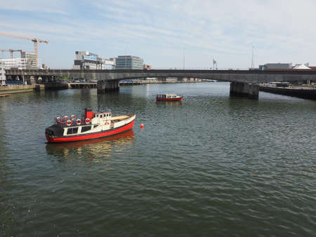 BELFAST, UK - CIRCA JUNE 2018: Panoramic view of River Lagan