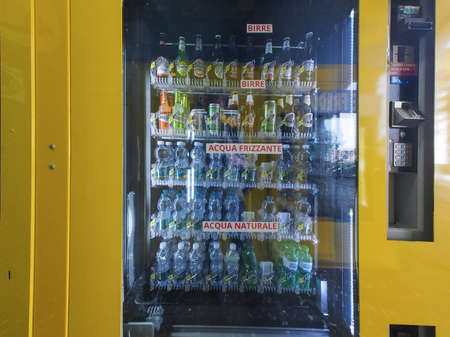 TURIN, ITALY - CIRCA SEPTEMBER 2018: Italian vending machine selling beverages including beers (birre), sparkling water (acqua frizzante) and still water (acqua naturale)のeditorial素材