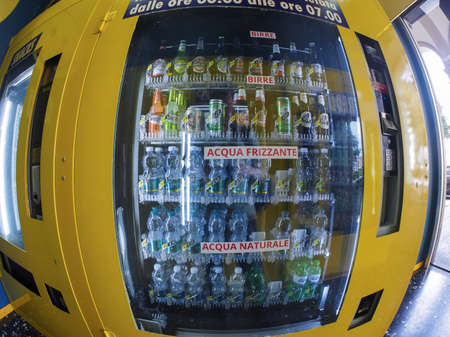 TURIN, ITALY - CIRCA SEPTEMBER 2018: Italian vending machine selling beverages including beers (birre), sparkling water (acqua frizzante) and still water (acqua naturale)のeditorial素材