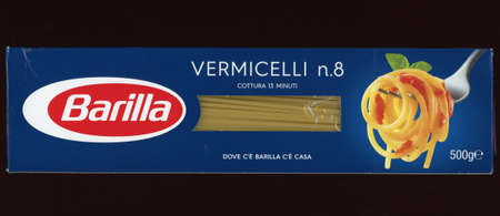 PARMA, ITALY - CIRCA SEPTEMBER 2018: Barilla vermicelli (spaghetti) Italian pastaのeditorial素材