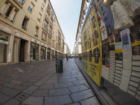 TURIN, ITALY - CIRCA SEPTEMBER 2018: People in the city centre in Via Garibaldi, view with fisheye lensのeditorial素材