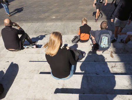 BOLOGNA, ITALY - CIRCA SEPTEMBER 2018: People in Piazza Maggiore (aka Piazza grande) square
