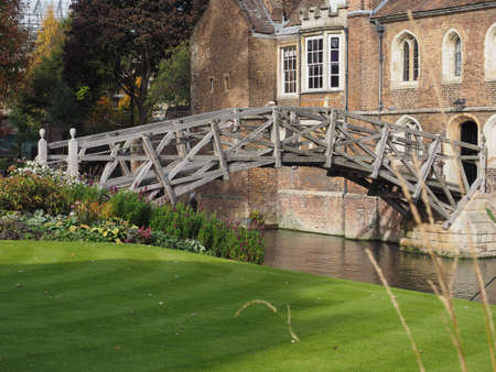 CAMBRIDGE, UK - CIRCA OCTOBER 2018: Mathematical bridge over river Cam at the Queens' College
