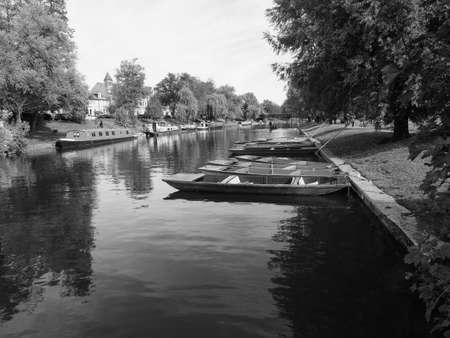 CAMBRIDGE, UK - CIRCA OCTOBER 2018: Punting on River Cam in black and whiteのeditorial素材