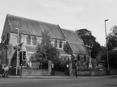 CAMBRIDGE, UK - CIRCA OCTOBER 2018: Church of St Giles with St Peter in black and white