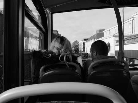 CAMBRIDGE, UK - CIRCA OCTOBER 2018: Double decker bus public transport in black and whiteのeditorial素材