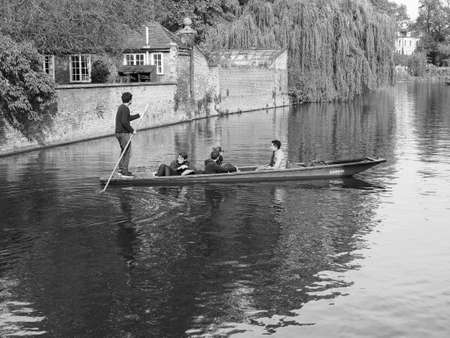 CAMBRIDGE, UK - CIRCA OCTOBER 2018: Punting on River Cam in black and whiteのeditorial素材