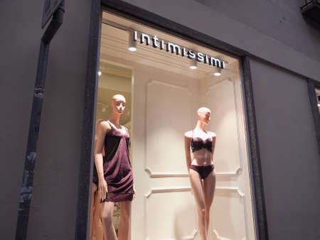 TURIN, ITALY - CIRCA NOVEMBER 2018: female showroom dummy mannequin wearing fashionable underwear in Intimissimi storeのeditorial素材