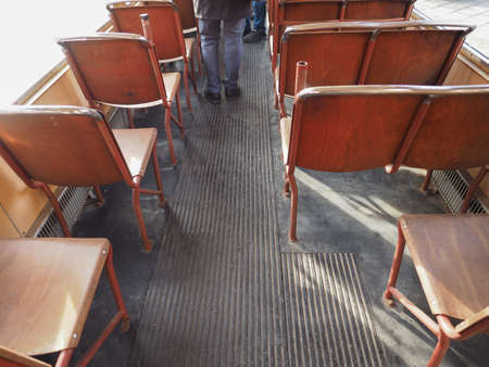 TURIN, ITALY - CIRCA DECEMBER 2018: Vintage German 3404 tram trailer at Turin Trolley Festivalのeditorial素材