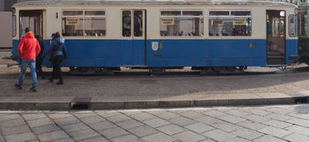 TURIN, ITALY - CIRCA DECEMBER 2018: Vintage German 3404 tram trailer at Turin Trolley Festivalのeditorial素材