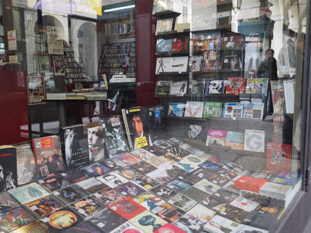 TURIN, ITALY - CIRCA DECEMBER 2018: Record store windowのeditorial素材