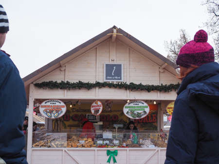 TURIN, ITALY - CIRCA DECEMBER 2018: People at Christmas marketのeditorial素材