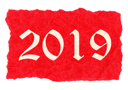 Year 2019 label on red creased paper parchmentの写真素材