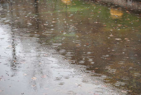 water circles in a puddle of rain water useful as a backgroundの写真素材