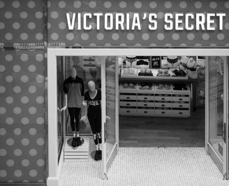 CAMBRIDGE, UK - CIRCA OCTOBER 2018: Victoria's Secret Pink shop at Grand Arcade shopping centre in black and whiteのeditorial素材