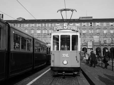 TURIN, ITALY - CIRCA DECEMBER 2018: Vintage 502 tram at Trolley Festival in black and whiteのeditorial素材