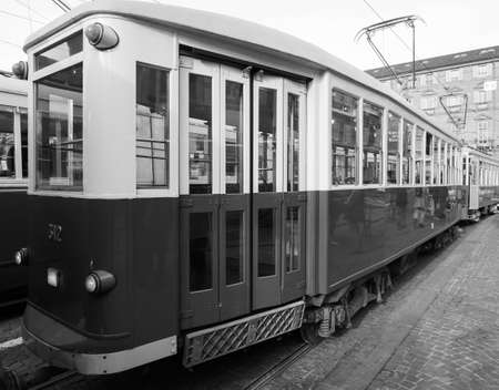 TURIN, ITALY - CIRCA DECEMBER 2018: Vintage 312 tram from Rome Cinecitta at Turin Trolley Festival in black and whiteのeditorial素材