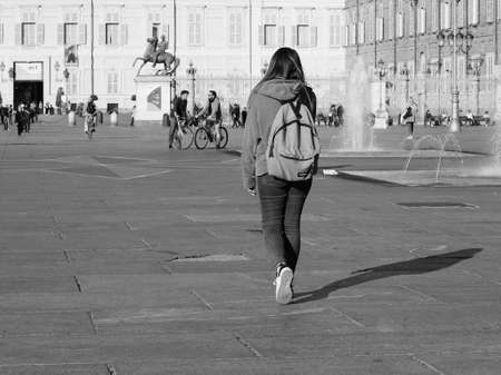 TURIN, ITALY - CIRCA OCTOBER 2018: People in Piazza Castello square in black and whiteのeditorial素材