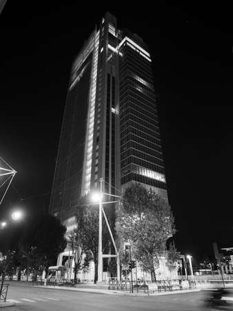 TURIN, ITALY - CIRCA SEPTEMBER 2018: Intesa San Paolo headquarters skyscraper designed by Renzo Piano, night view in black and whiteのeditorial素材
